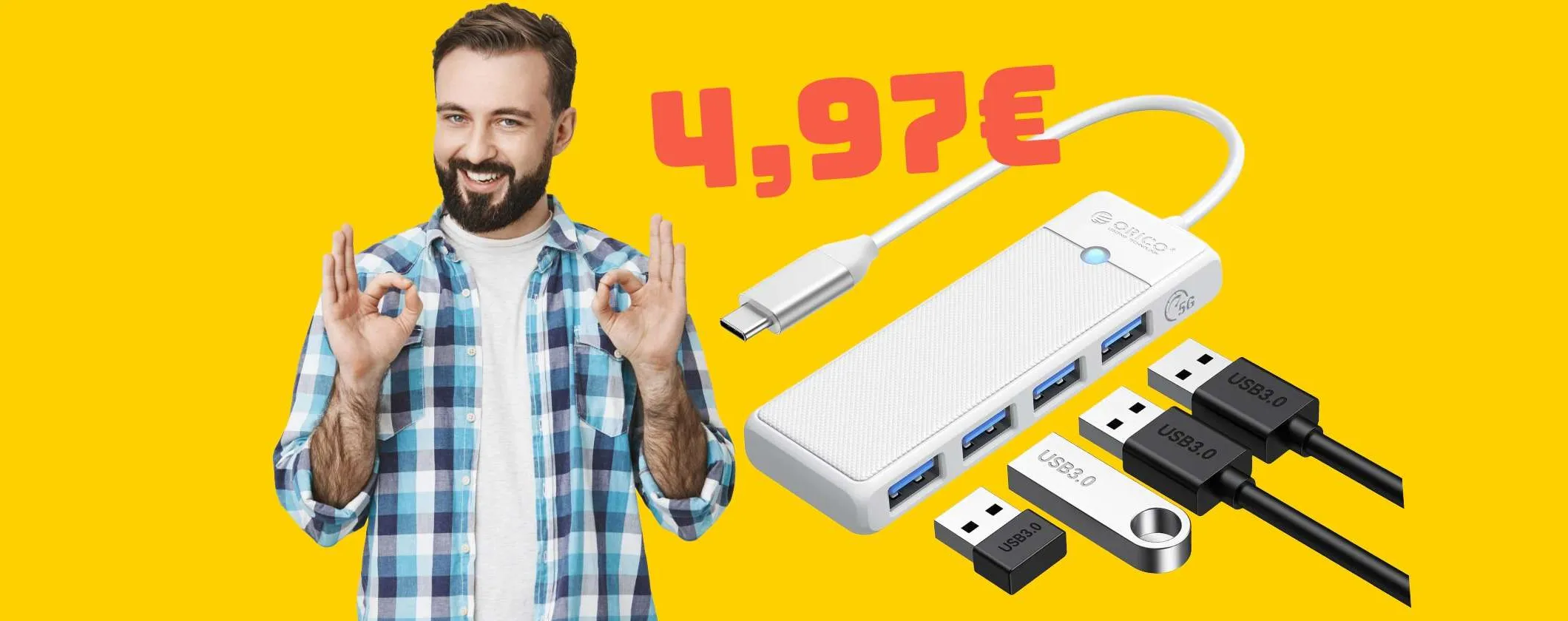 Hub USB 4 in 1 per aumentare le porte del tuo PC a una cifra ridicola, solo 4,97€