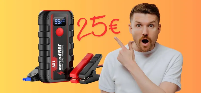 Booster di avviamento auto con 2 porte USB per ricarica veloce e torcia LED (25€)