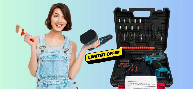 Trapano avvitatore a batteria con percussione, valigetta e accessori a 32€