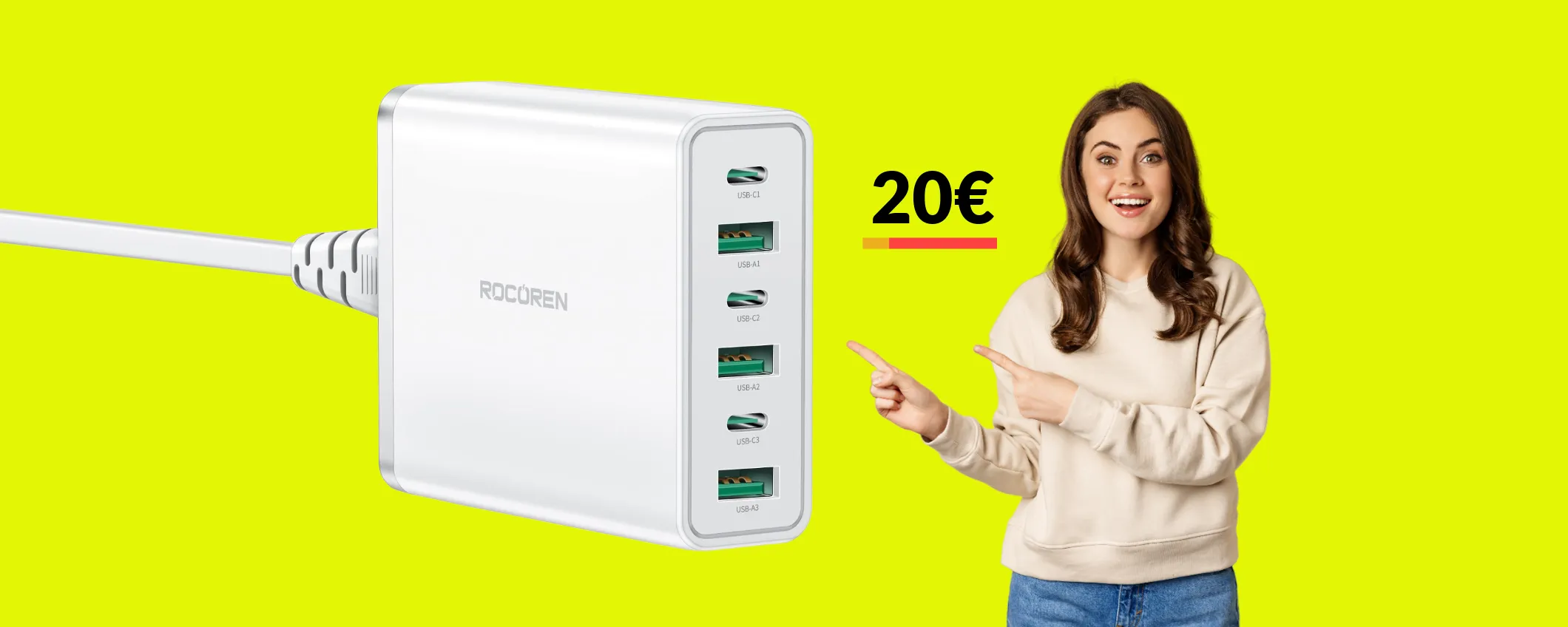 Caricatore USB C con ben 6 PORTE: solo 20€ grazie a 2 SCONTI