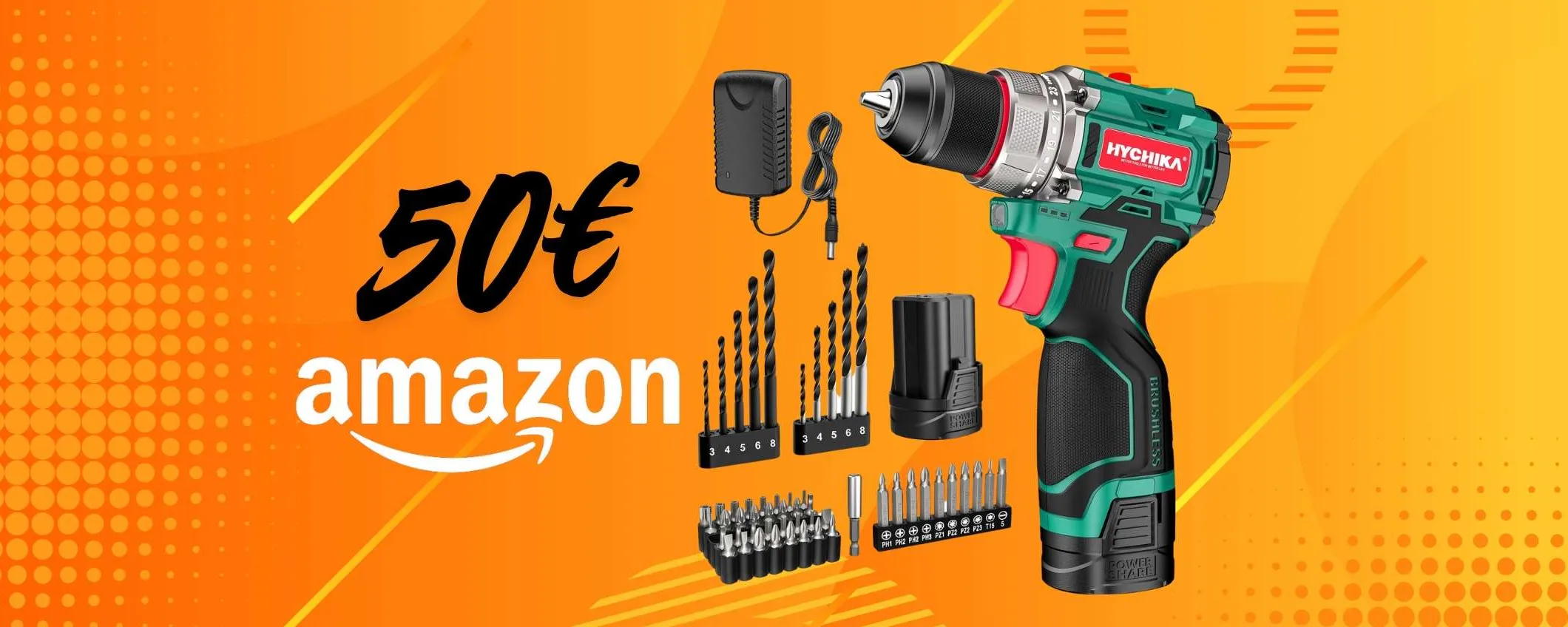 Trapano avvitatore a batteria con 53 accessori in offerta a tempo a soli 50€