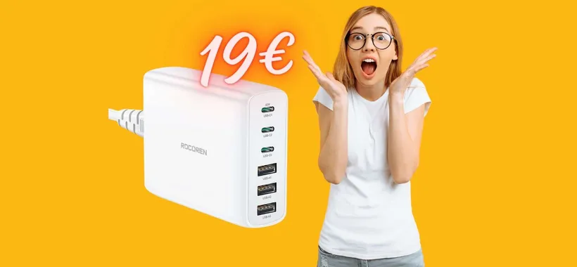 Caricatore USB da 100W con 6 uscite in TRIPLO SCONTO su Amazon (19€)