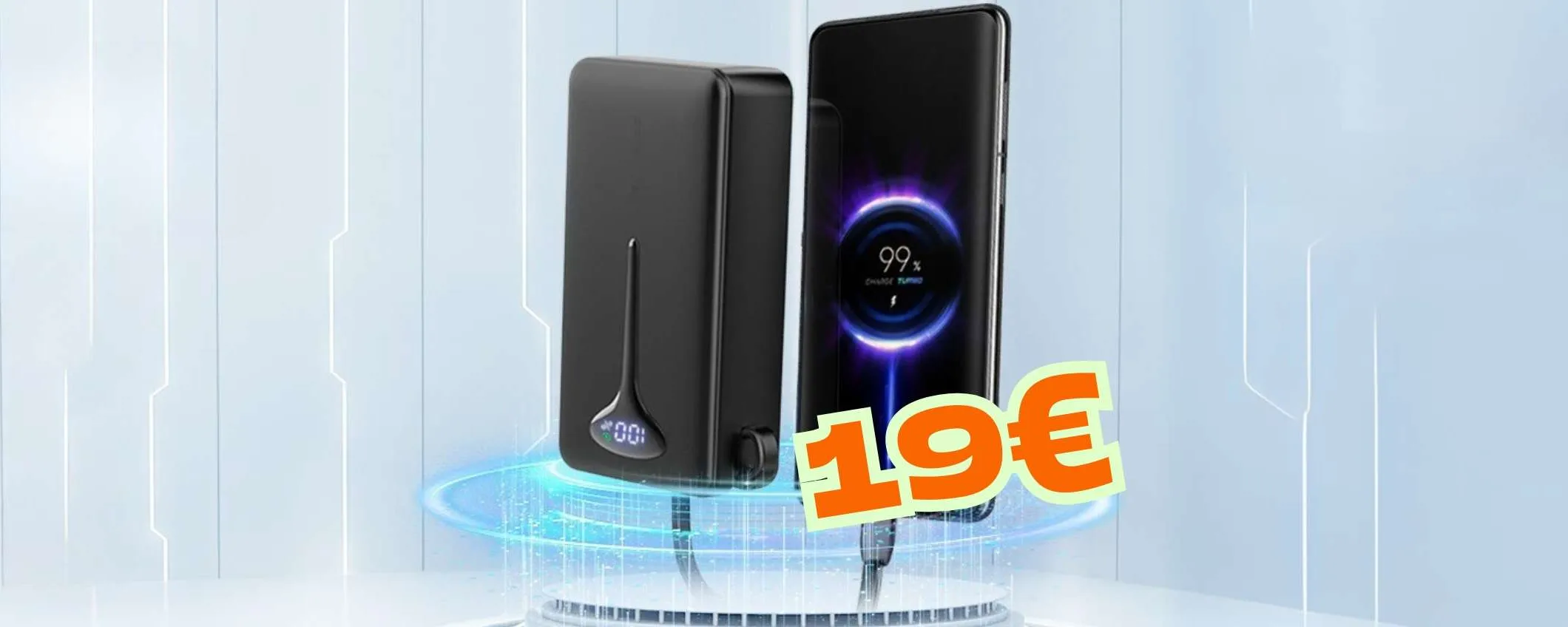 Power Bank con cavo integrato, 2 uscite e capacità da 10000mAh a 19€