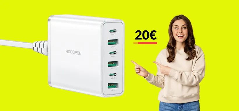 Caricatore USB C con ben 6 PORTE: solo 20€ grazie a 2 SCONTI