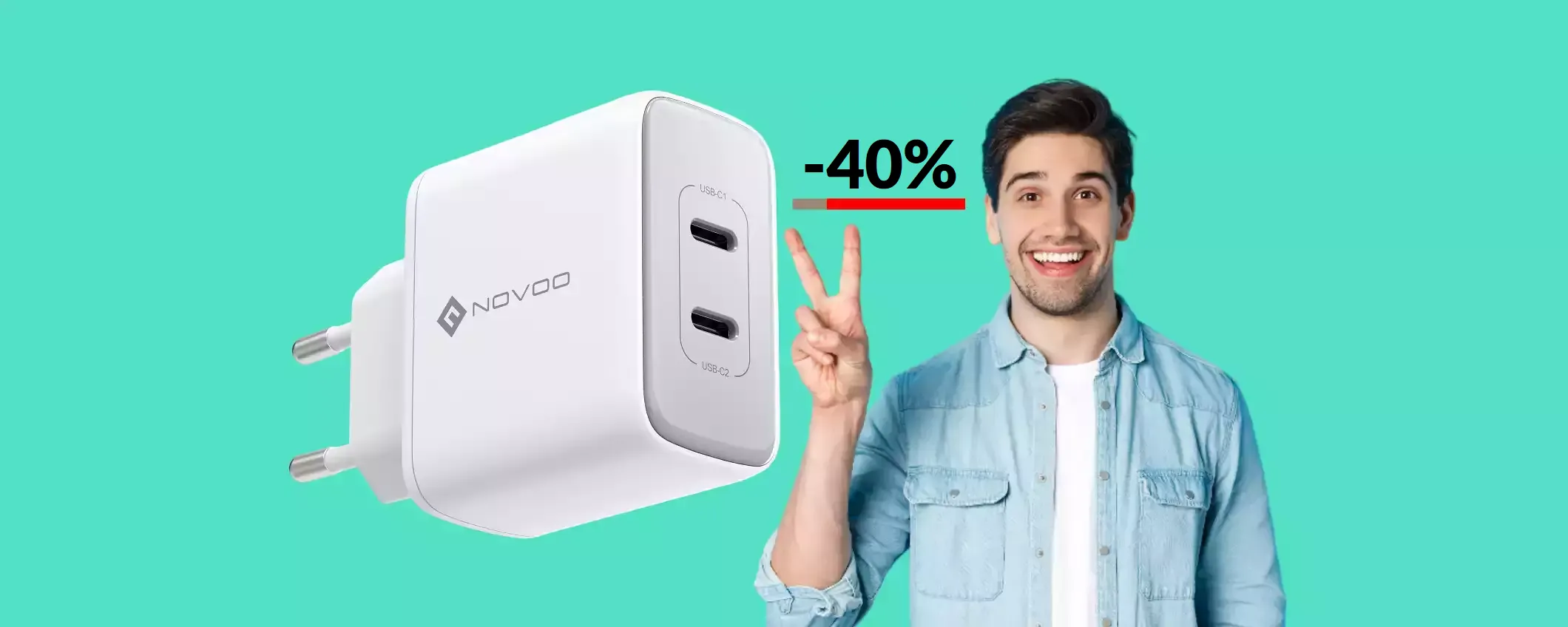 Caricabatterie USB C con 2 PORTE: solo 10€ col coupon del 40%