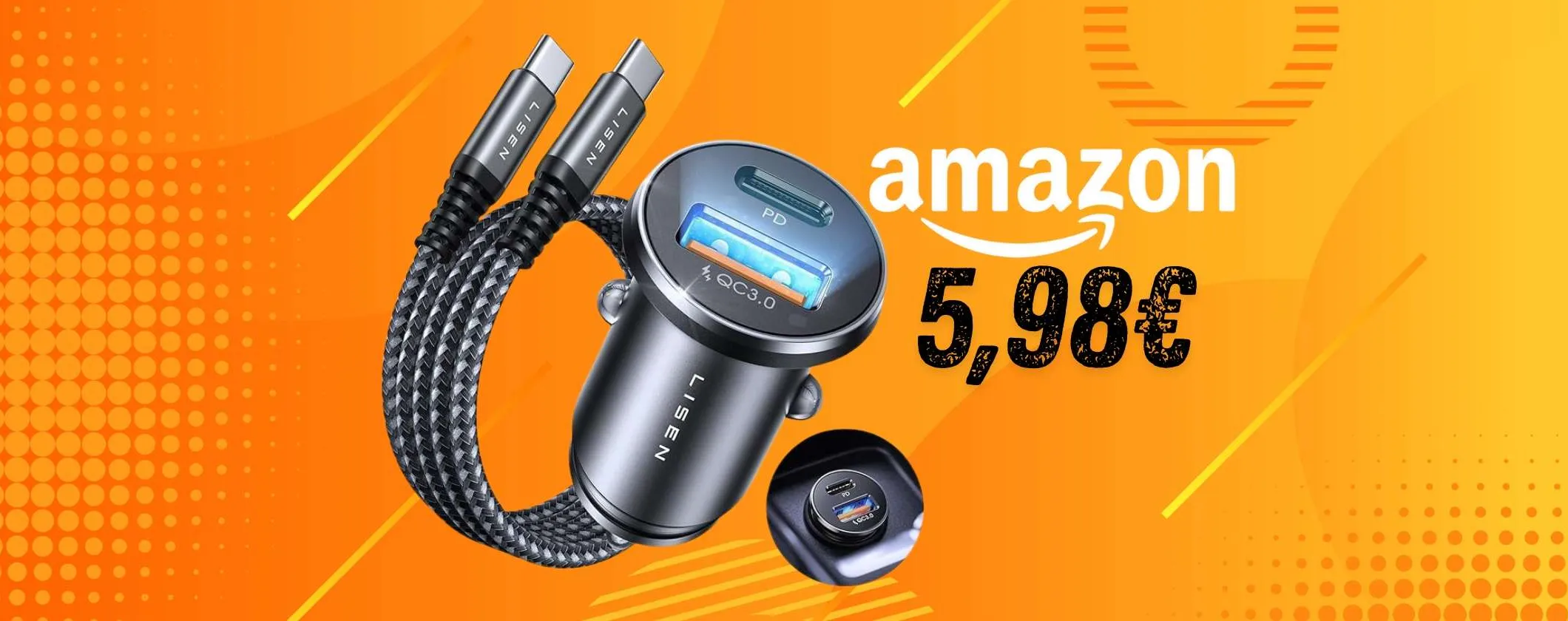 Caricatore USB per auto con doppia uscita e ricarica rapida a soli 5,98€