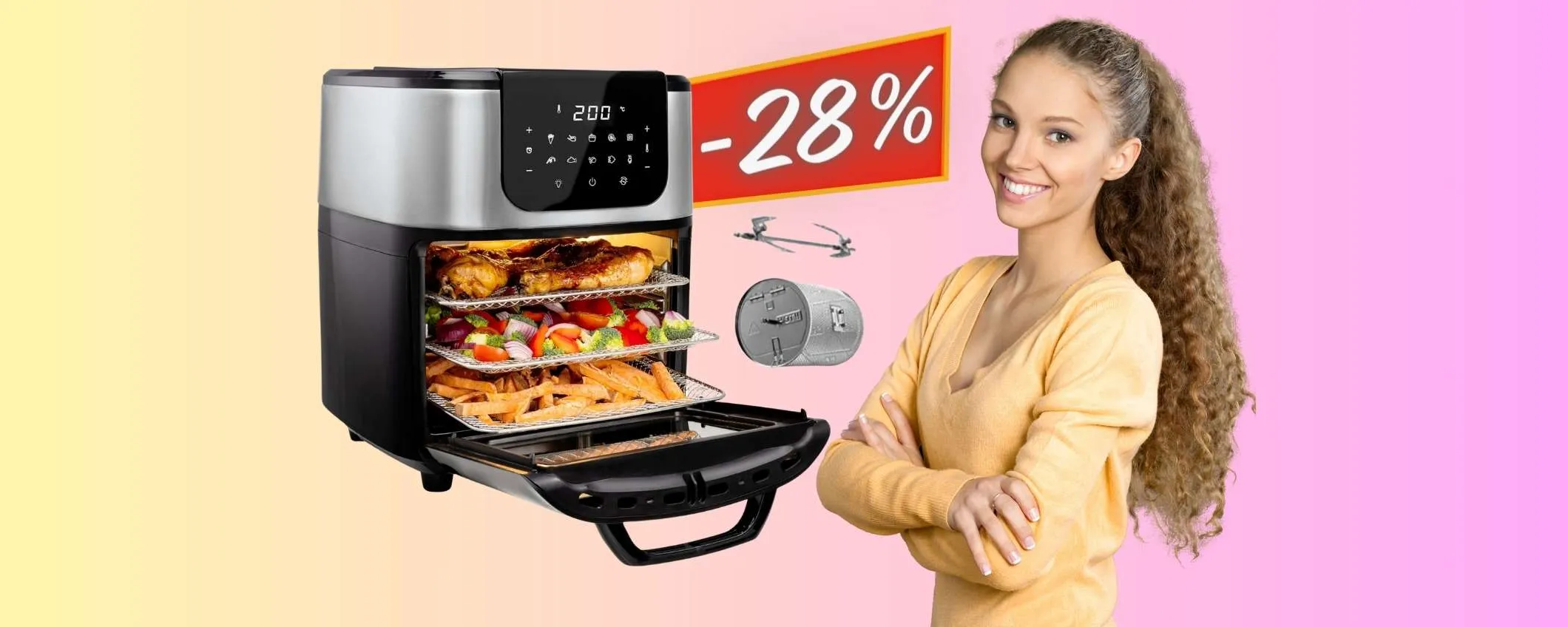 Friggitrice ad aria da 11L, 10 programmi e cestello girevole (-28%)