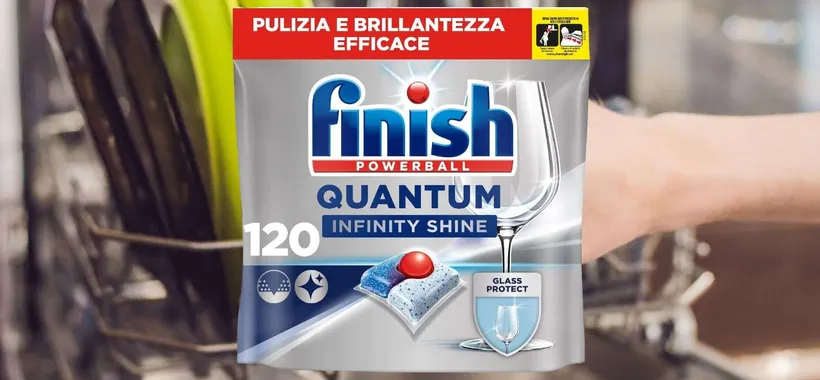 120 capsule lavastoviglie Finish Quantum Infinity Shine in OFFERTA SCORTA su Amazon (-38%)