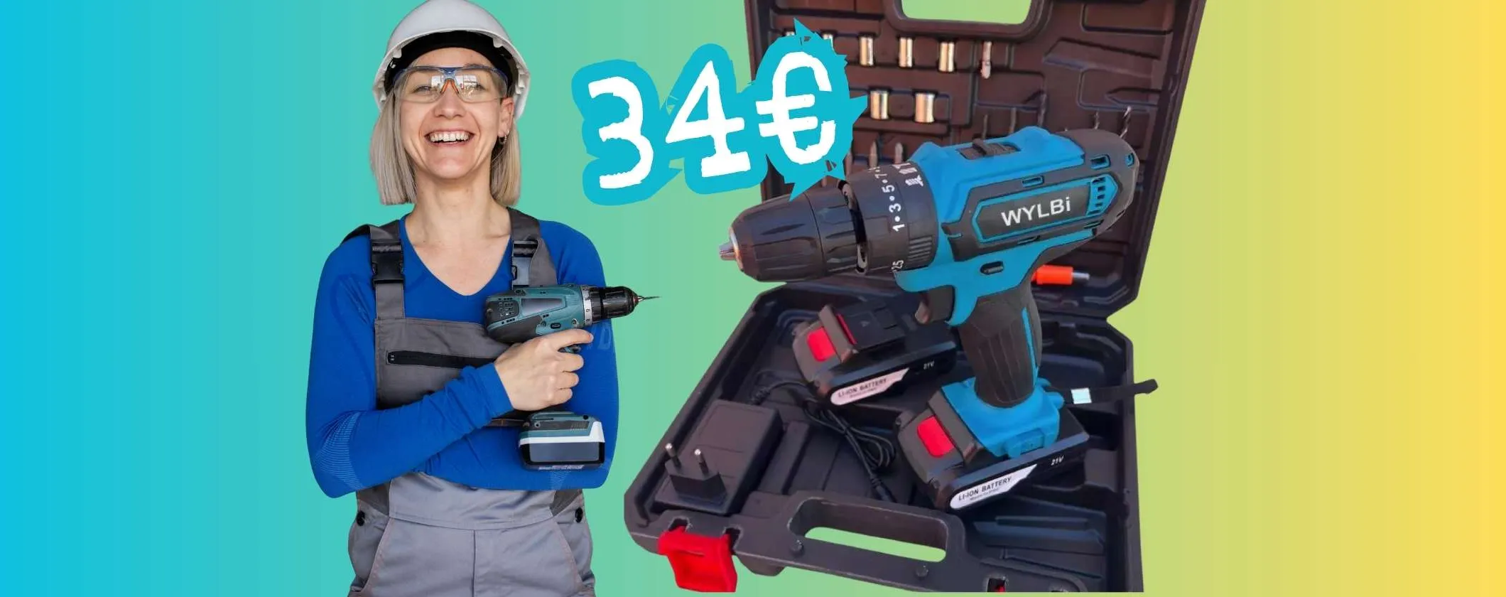 Trapano avvitatore a batteria con percussione, valigetta e accessori tuo a 34€