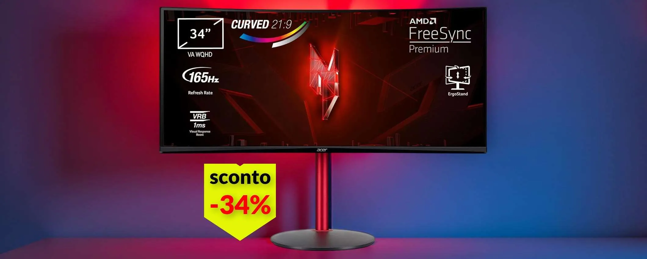 Monitor curvo Acer Nitro da 34 pollici: una goduria per i gamer (-120€)