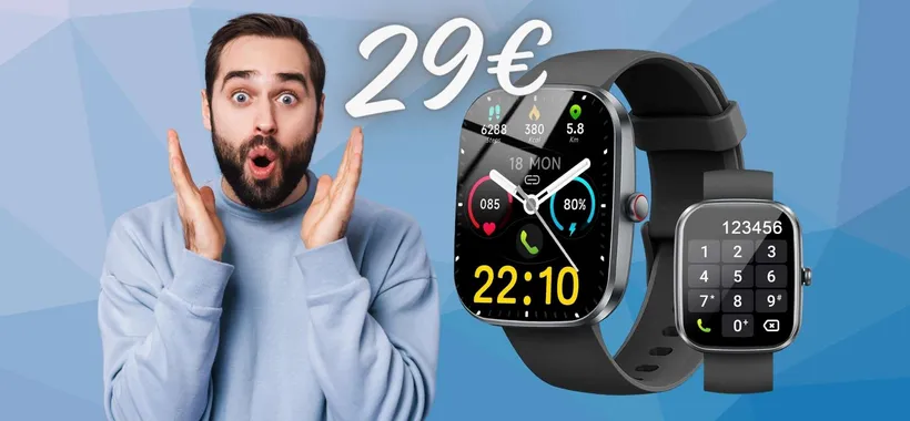 Smartwatch che fa di tutto, con 100 modalità sport e chiamate (29€)