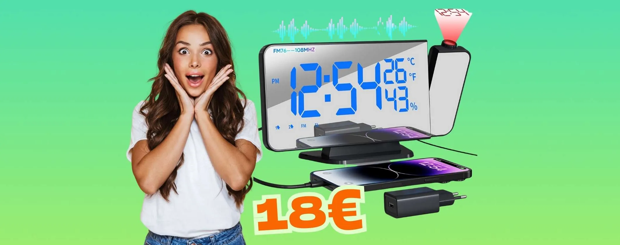 Sveglia con proiettore e display da 7,5 pollici + porta USB e radio a soli 18€