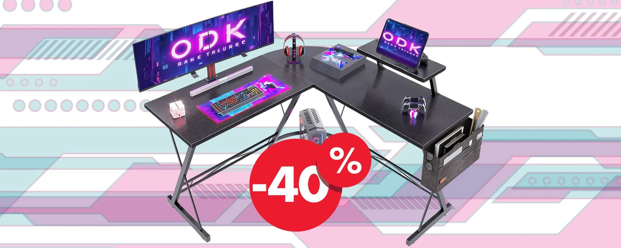 Spettacolare scrivania da Gaming ad angolo con supporto per monitor al 40%