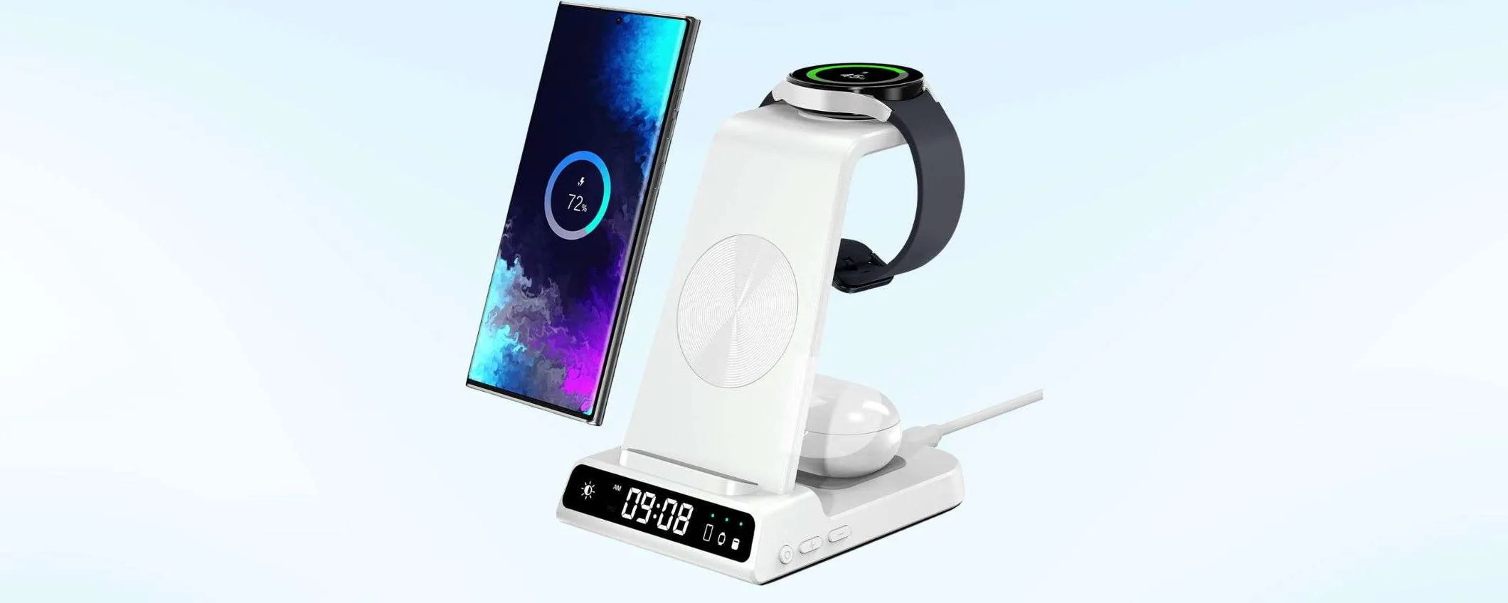 Caricatore wireless universale 3-in-1 per smartphone, auricolari e smartwatch in OFFERTA LAMPO