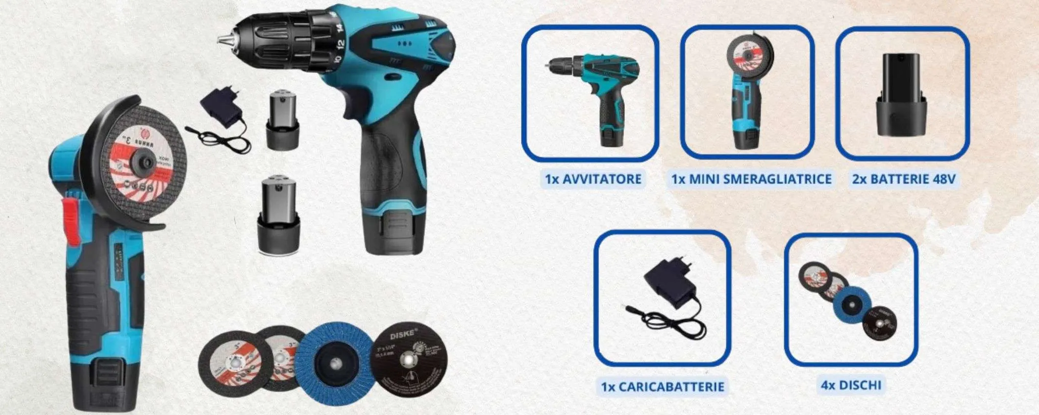 Trapano avvitatore e smerigliatrice: kit COMPLETO a prezzo SHOCK (51€)