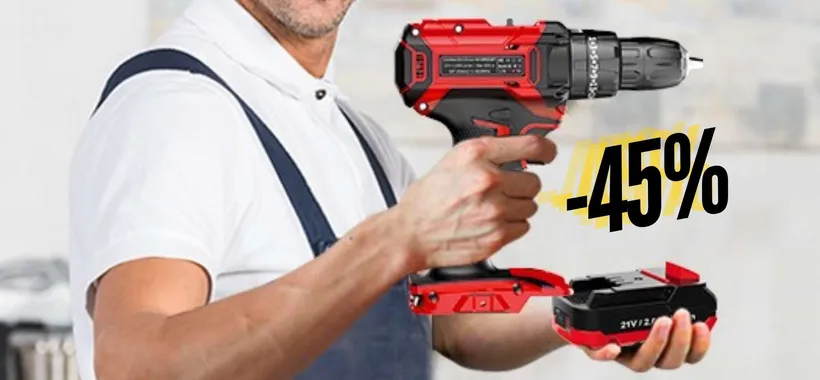 Trapano avvitatore a batteria con percussione e accessori inclusi (-45%)