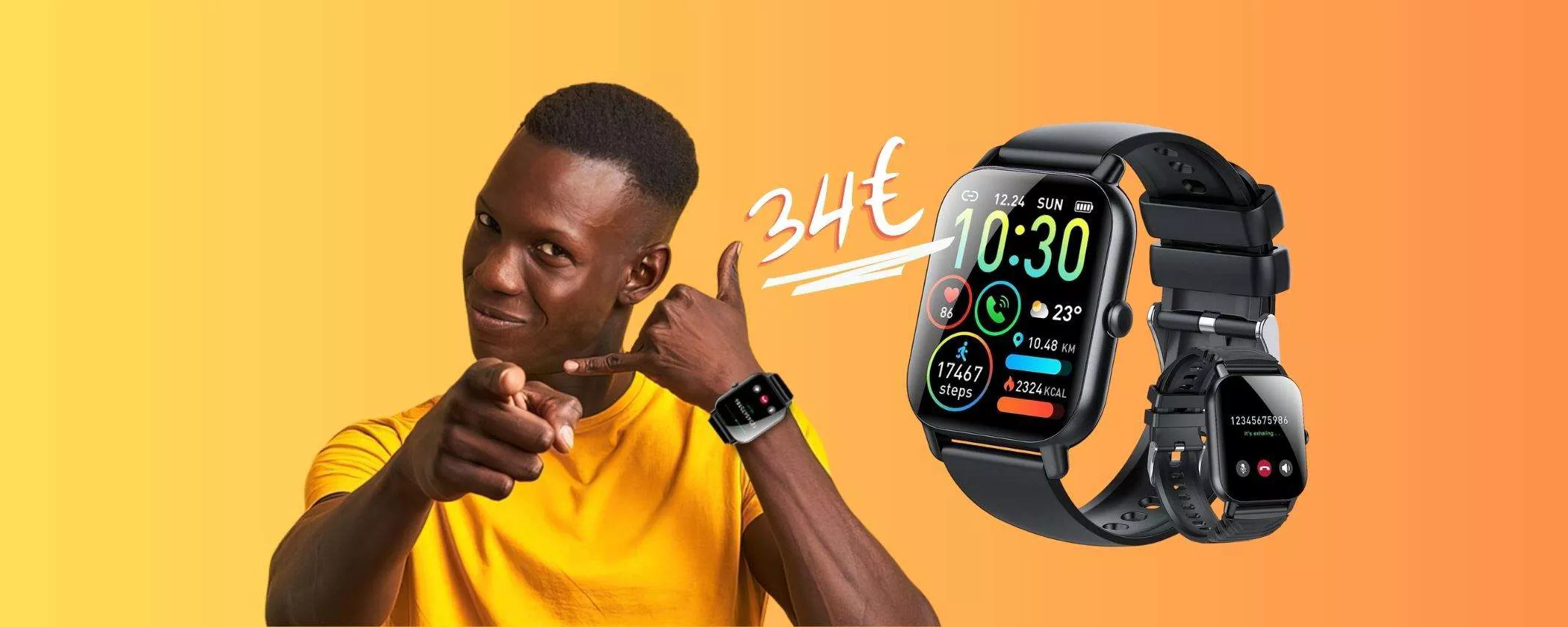 Smartwatch impermeabile,112 modalità sport, rispondi alle chiamate (34€)