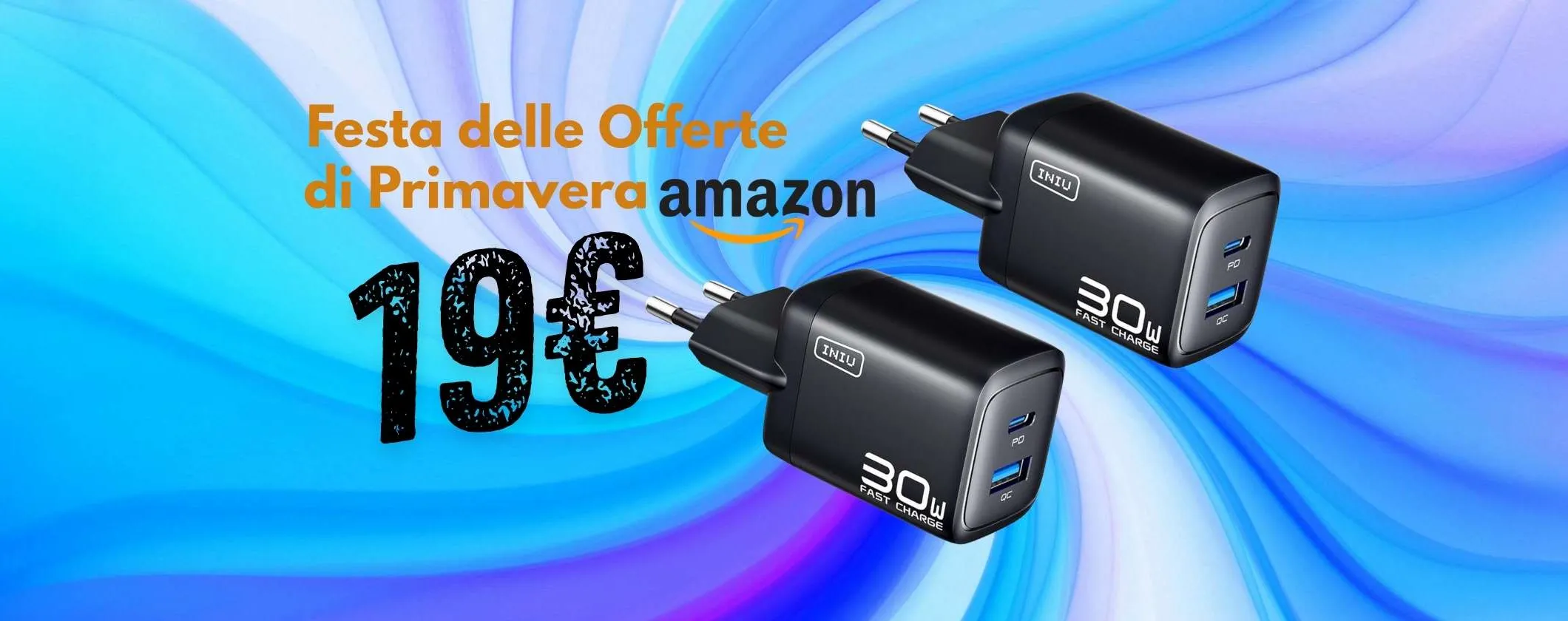 2 caricatori USB da 30W con doppia uscita e cavo da 60W incluso a soli 19€