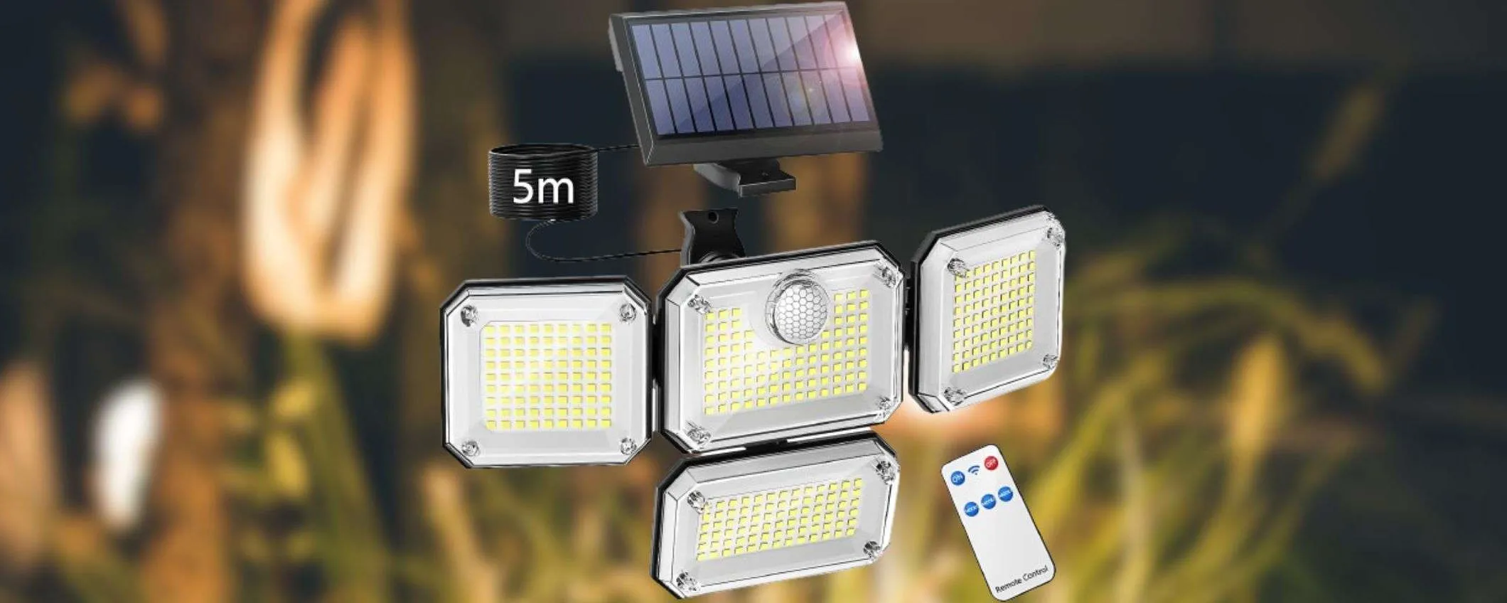 Luce solare 4 teste e 333 LED a prezzo SHOCK su Amazon: luce GRATIS (16€)