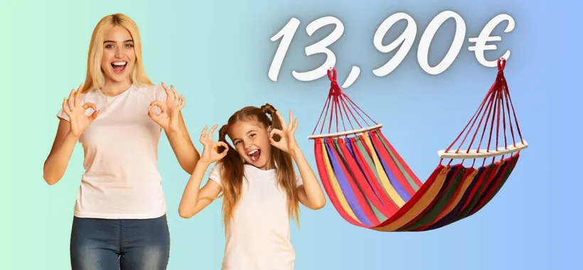 Amaca in tessuto con aste in legno e sacca per il trasporto (13,90€)