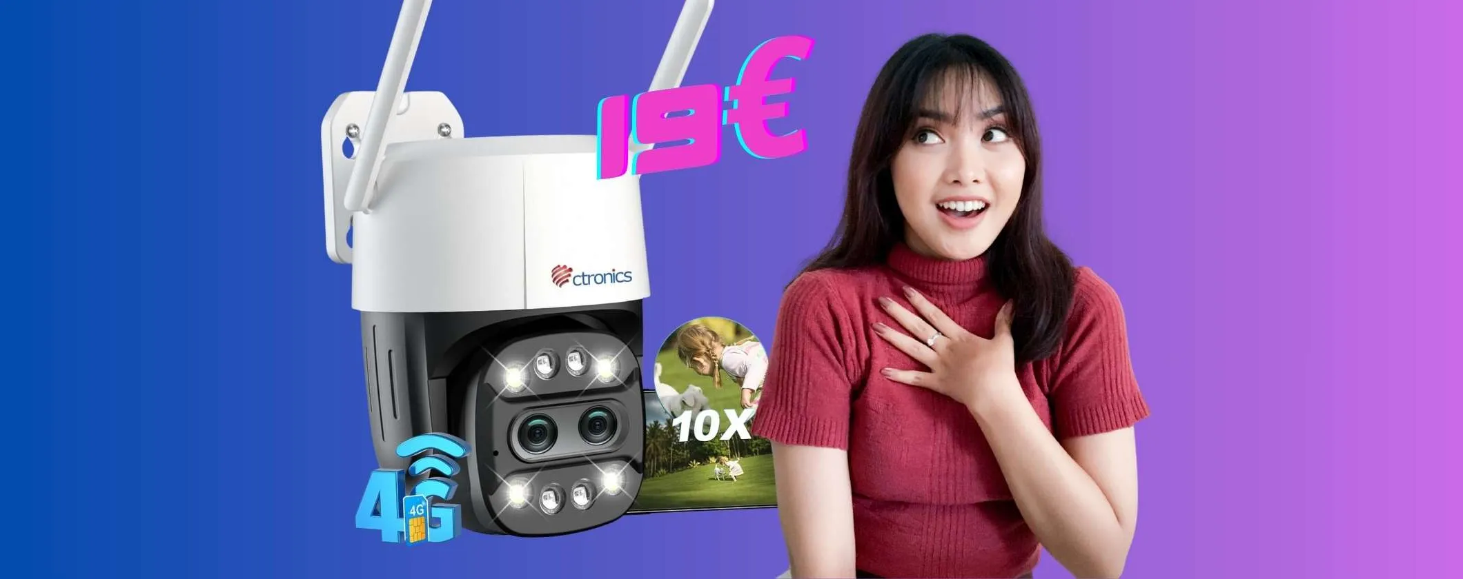 Videocamera di sicurezza 4G con zoom 10x in offerta folle a 19€ su Amazon