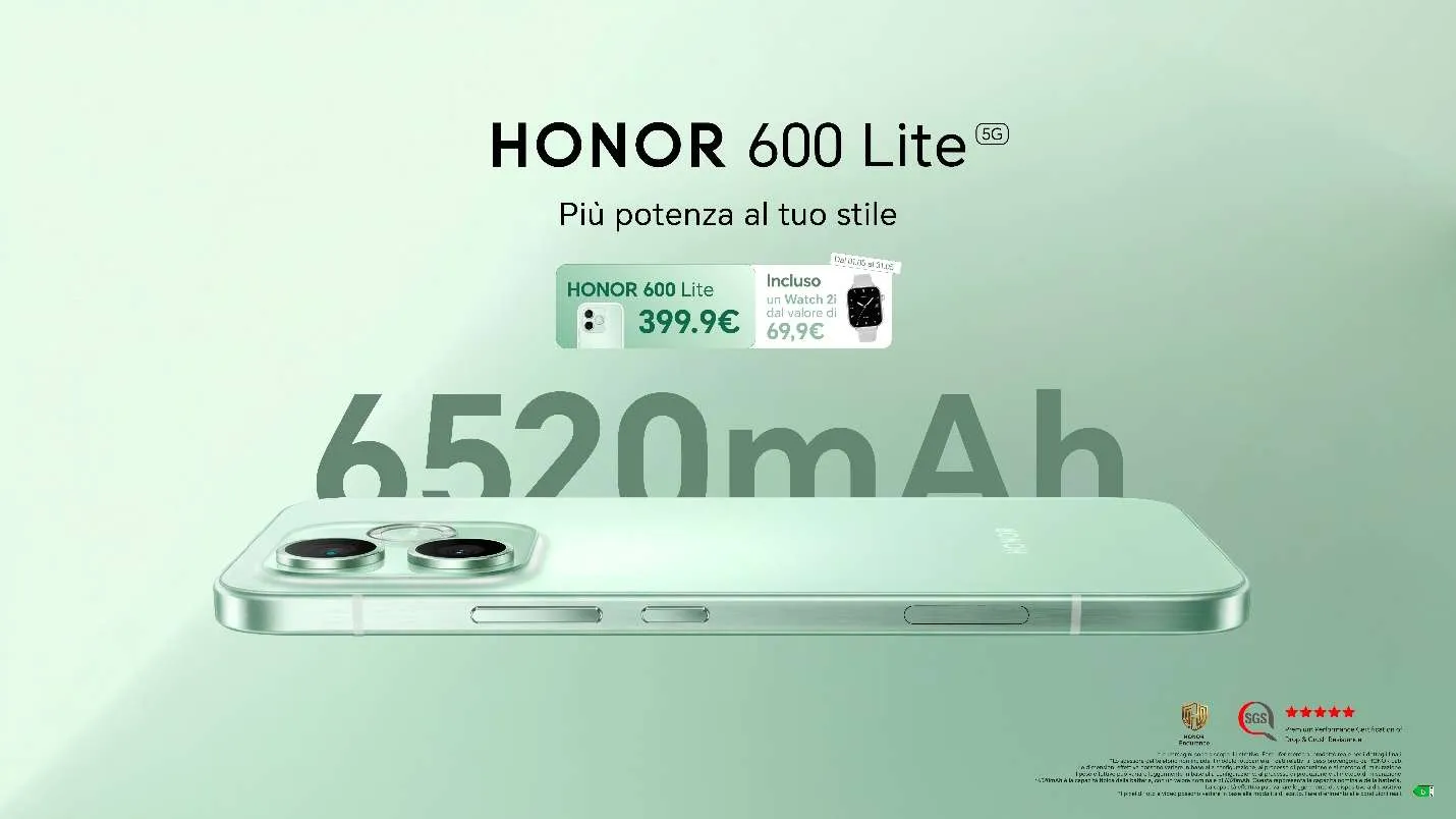 HONOR 600 Lite ufficiale: design premium in metallo, AI Camera Button e batteria da 6.520 mAh