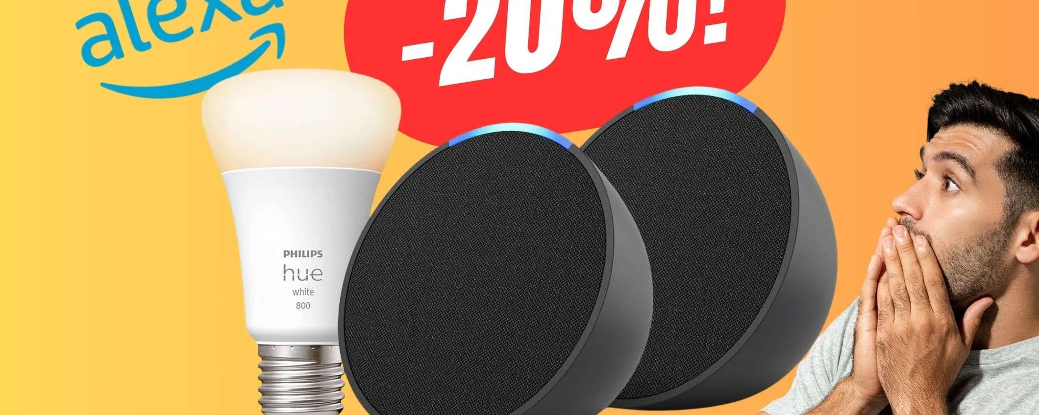 PREZZO FOLLE per due Amazon Alexa + Lampadina smart Philips Hue su Amazon! (-20%)