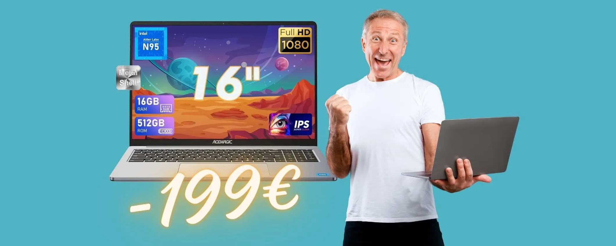 Portatile da 16 pollici con SSD da 512GB e 16GB di RAM a 199€ in MENO