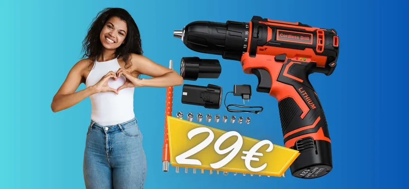 Trapano avvitatore con 2 batterie e accessori in DOPPIO SCONTO (29€)
