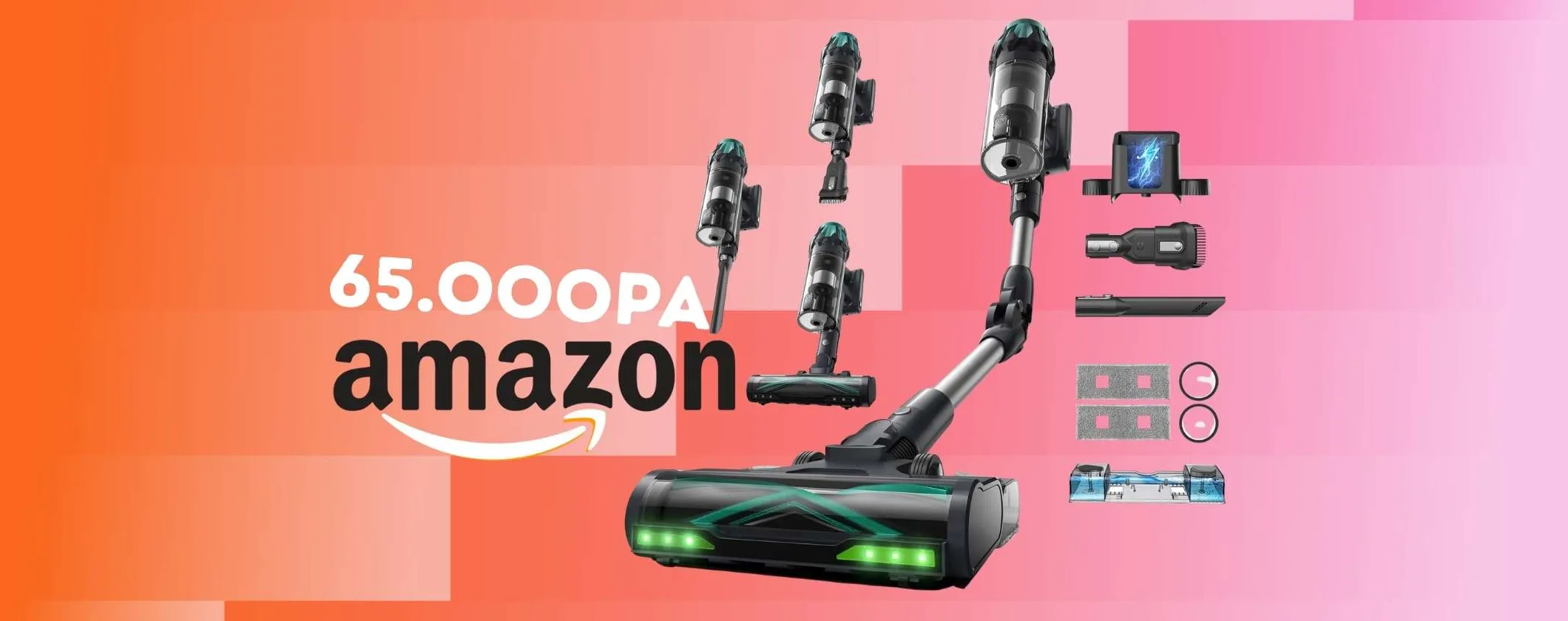 Aspirapolvere senza fili accessoriato da 65000Pa e 60min di autonomia a costo mini
