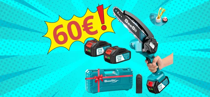 Taglio legno e potatura in un attimo con questa mini motosega a batteria (60€)