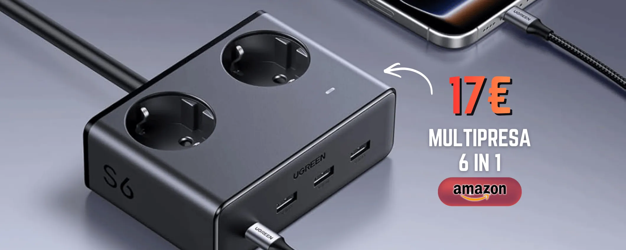 Multipresa 6 in 1: questa è piccola, economica e con ricarica 20W
