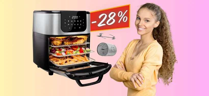 Friggitrice ad aria da 11L, 10 programmi e cestello girevole (-28%)
