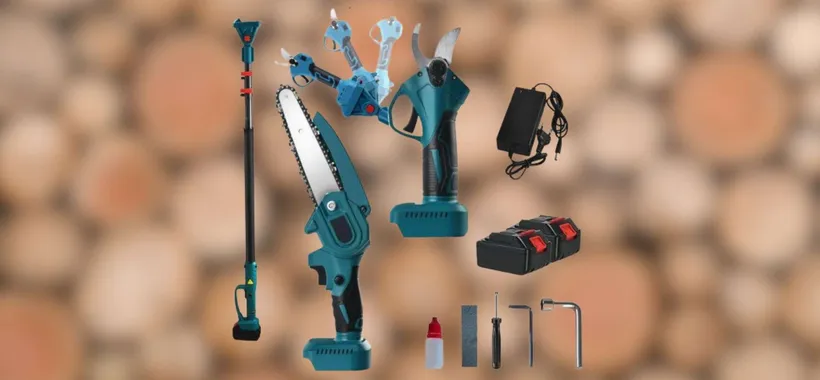 Kit potatura completo a prezzo SHOCK: motosega, forbici, asta e 2 batterie