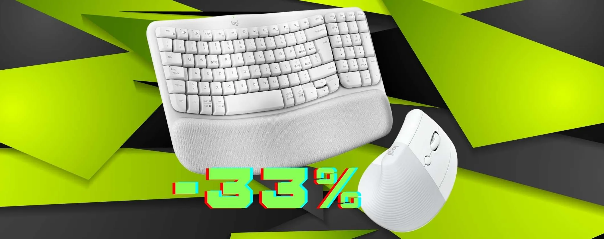 Logitech: tastiera wireless con supporto per polsi e mouse wireless verticale (-33%)