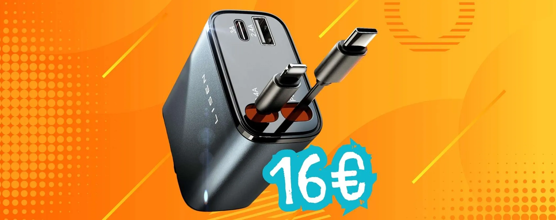 Caricatore USB per auto con cavi integrati e potenza da 69W a soli 16€