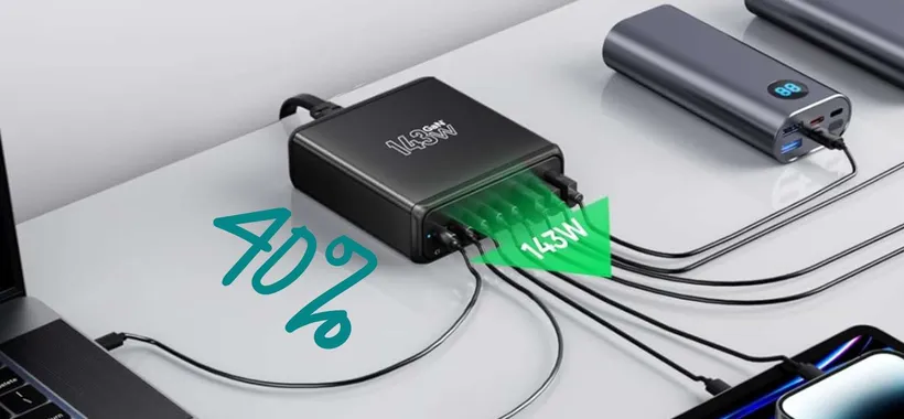 Caricatore USB da 143W e 8 porte, alimenta anche un portatile (-40%)