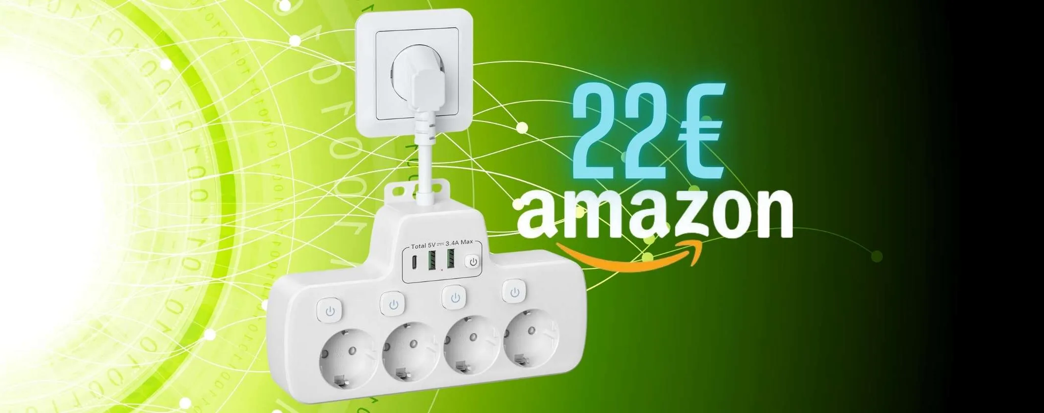 Geniale ciabatta multipresa salvaspazio con 4 schuko e 3 USB in offerta a 22€