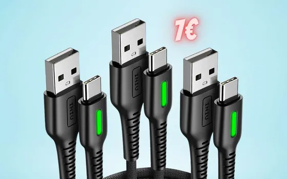 Tris di cavi USB Type C super rapidi, lunghi e robusti: solo 7€