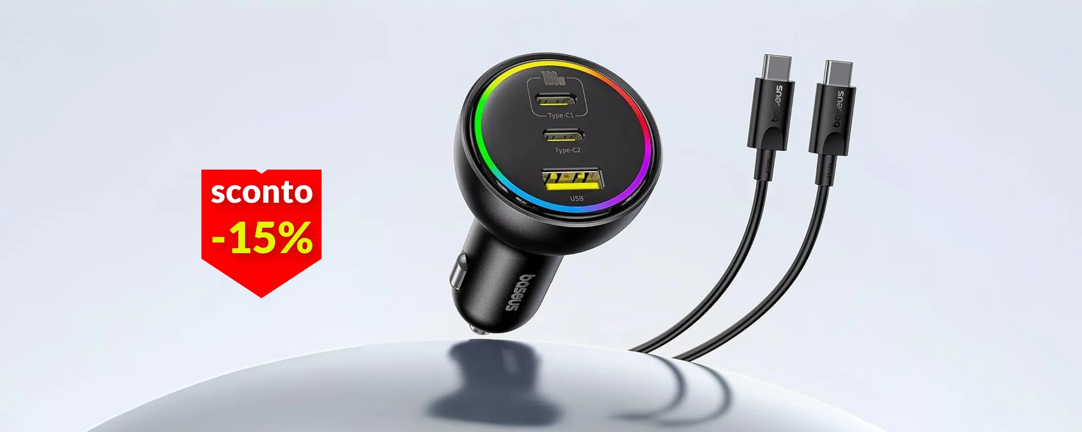 Caricabatteria per auto, in sconto a 25€: con 100W ricarichi tutto in pochi minuti