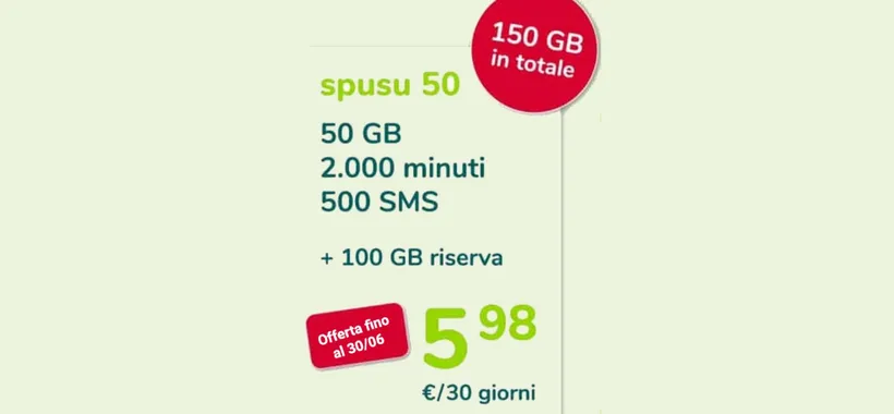 Spusu50: 150GB in 4G+ a meno di 6 euro al mese