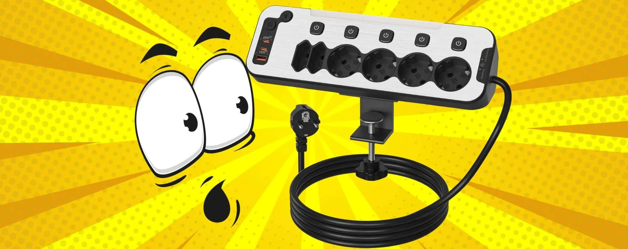 Ciabatta con aggancio per scrivania, 6 prese e 3 USB con interruttori (30€)