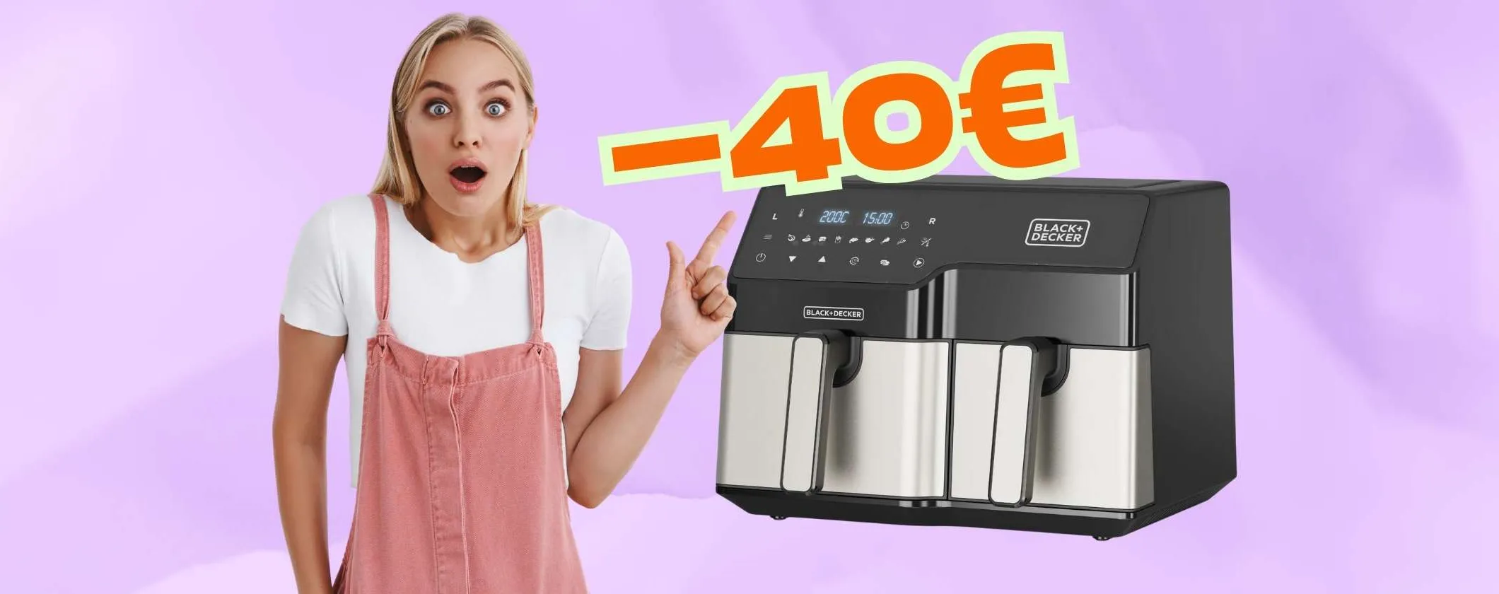 Black+Decker: friggitrice ad aria con doppio cestello da 9L per piatti buoni e sani