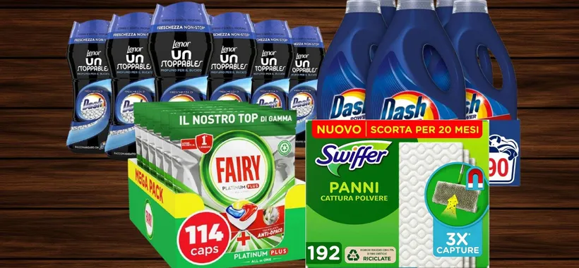 Dash, Swiffer, Lenor e non solo: mega scorte in SVUOTATUTTO su Amazon
