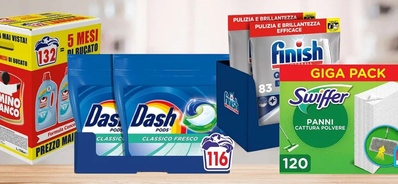 Swiffer, Dash, Finish e altri: marchi PREMIUM in promo scorta SHOCK (Amazon)