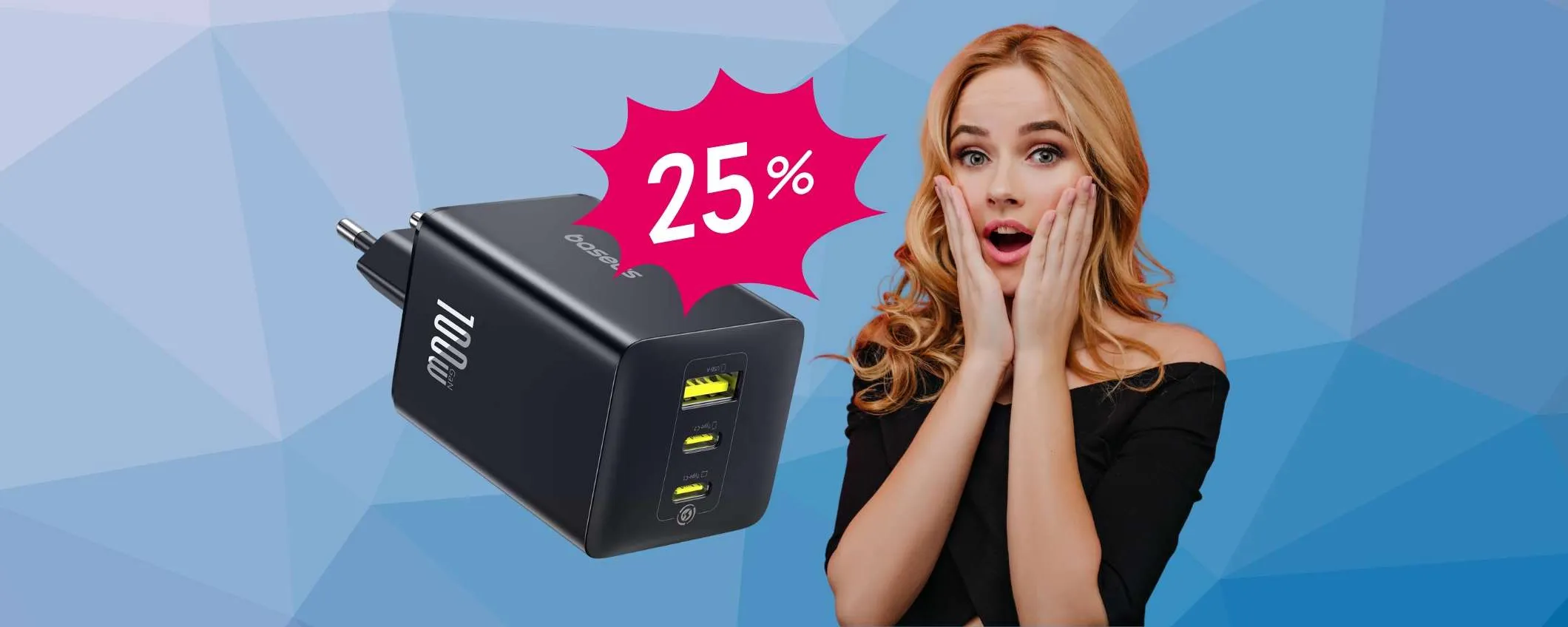 Caricatore USB da 100W con 3 porte rapidissime e tecnologia GaN (-25%)