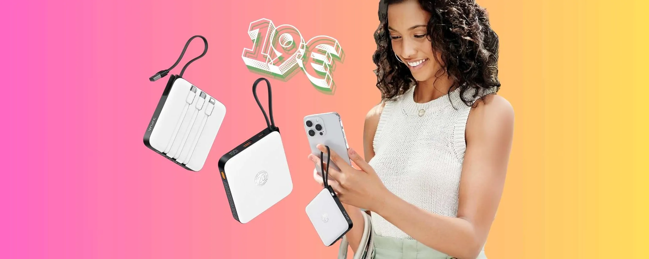 Power Bank con 3 cavi di uscita e 1 d'ingresso per ricarica rapida, solo 19€