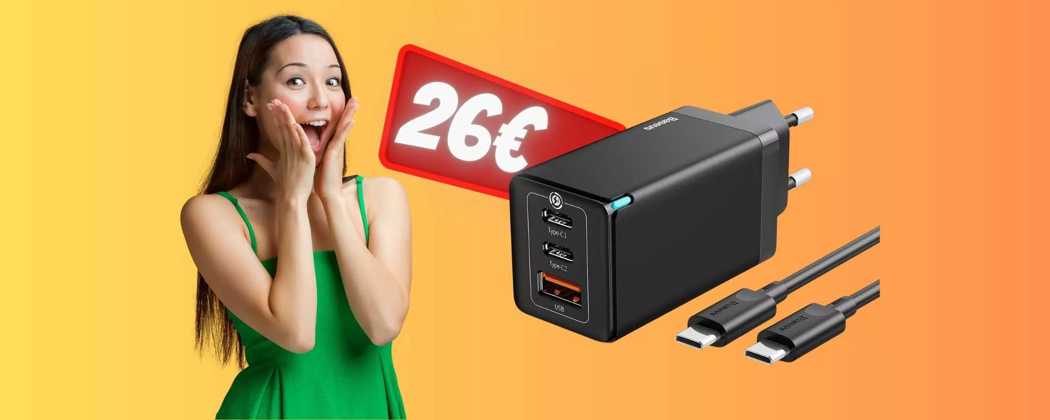 Caricatore USB da 65W e 3 uscite: carica di tutto e costa niente (26€)
