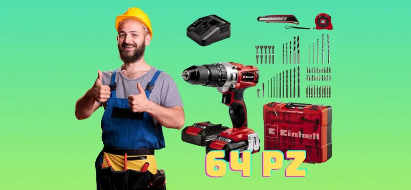 Trapano avvitatore con percussione Einhell (2 batterie, 64 accessori e valigetta)