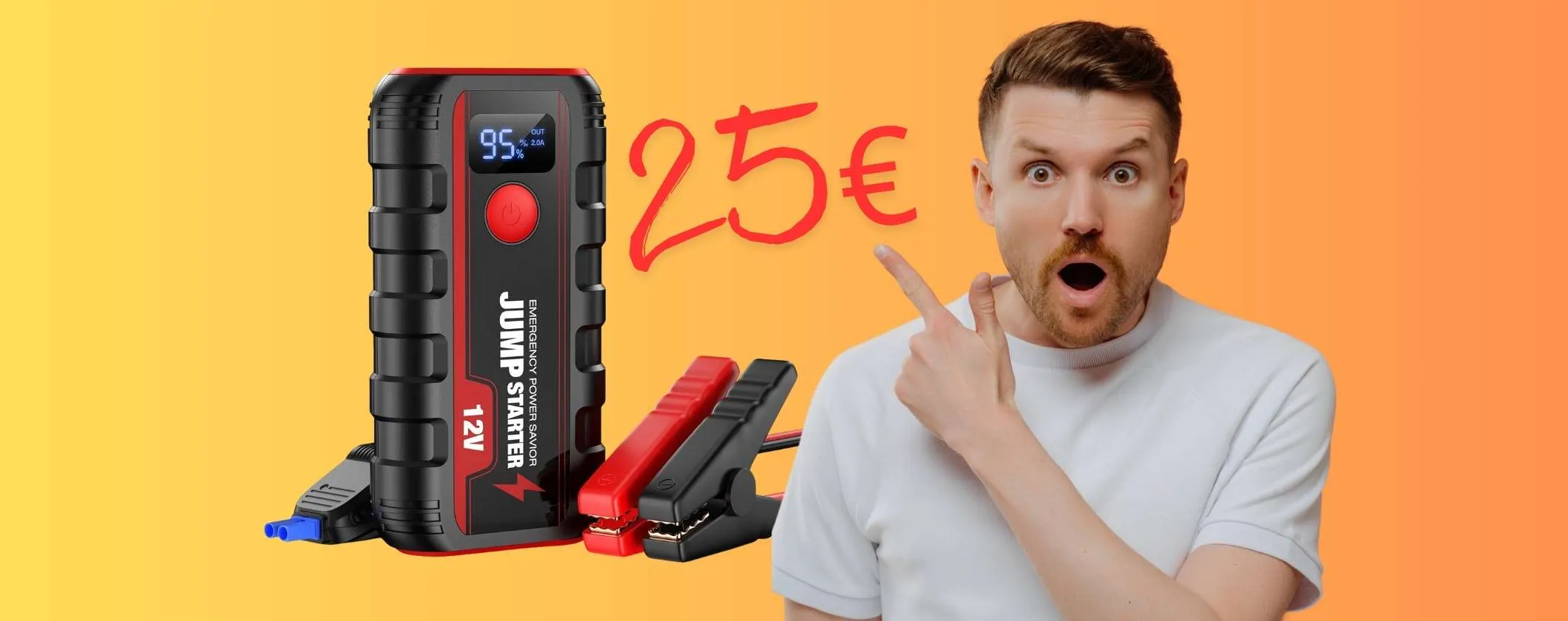Booster di avviamento auto con 2 porte USB per ricarica veloce e torcia LED (25€)